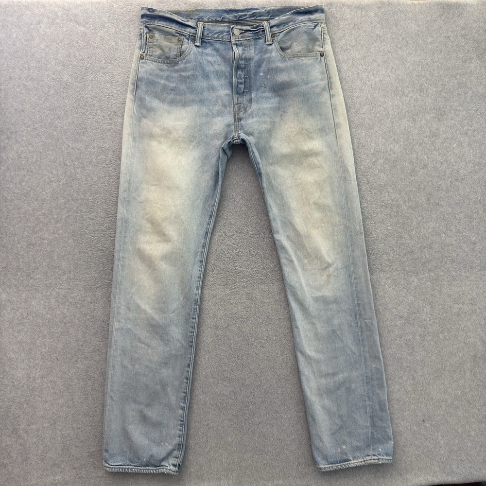 Levis 501 Selvedge Denim Jeans Men 34x34 Light Wash Button Fly Distressed Modern - Picture 2 of 16